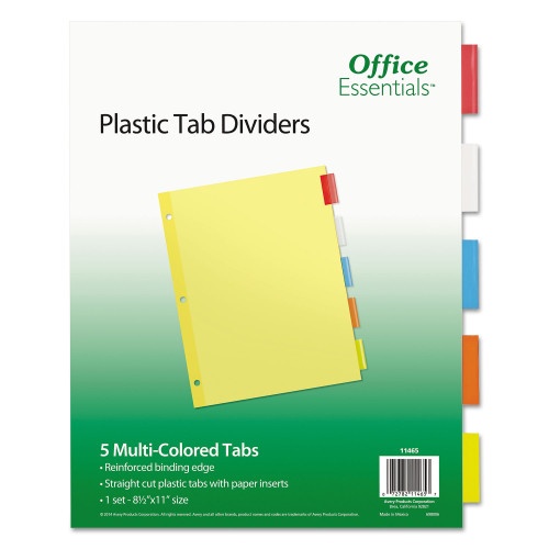 Office Essentials Plastic Insertable Dividers, 5-Tab, 11 X 8.5, Assorted Tabs, 1 Set
