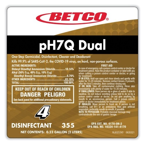 Betco Ph7q Dual Neutral Disinfectant Cleaner, Lemon Scent, 67.6 Oz Bottle, 4/Carton
