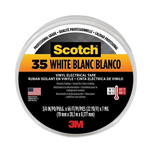 3M Scotch 35 Vinyl Electrical Color Coding Tape, 3" Core, 0.75" X 66 Ft, White