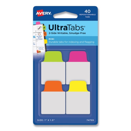 Avery Ultra Tabs Repositionable Tabs, Mini Tabs: 1" X 1.5", 1/5-Cut, Assorted Neon Colors, 40/Pack