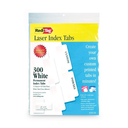 Redi-Tag Laser Printable Index Tabs, 1/5-Cut, White, 2" Wide, 300/Pack