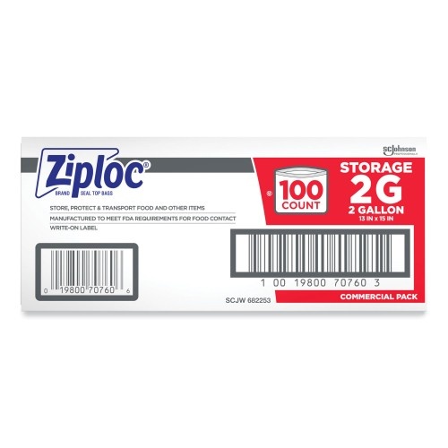 Ziploc Double Zipper Storage Bags, 2 Gal, 1.75 Mil, 15" X 13", Clear, 100/Carton