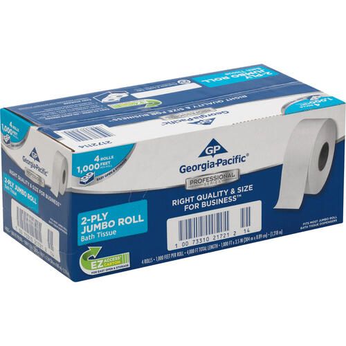 Georgia-Pacific White Jumbo Bathroom Tissue, Septic Safe, 2-Ply, 3 1/2 X 1000 Ft, 4/Carton