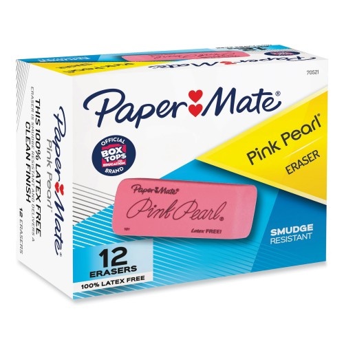 Paper Mate Pink Pearl Eraser, For Pencil Marks, Rectangular Block, Large, Pink, 12/Box