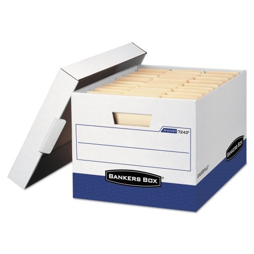 Bankers Box R-Kive Heavy-Duty Storage Boxes, Letter/Legal Files, 12.75" X 16.5" X 10.38", White/Blue, 4/Carton
