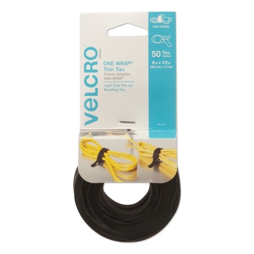 Velcro One-Wrap Pre-Cut Thin Ties, 0.5" X 8", Black, 50/Pack