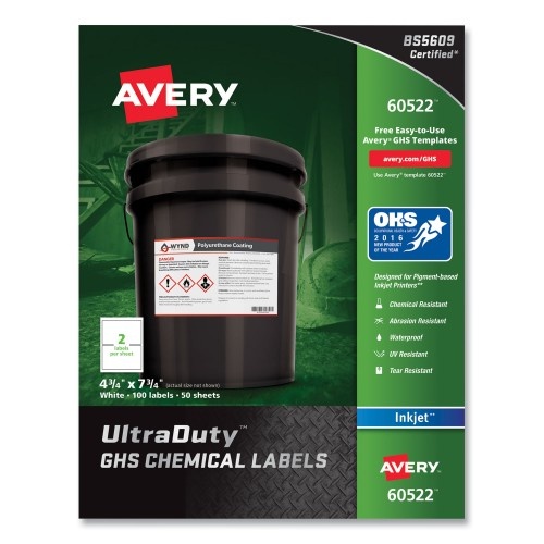 Avery Ultraduty Ghs Chemical Waterproof And Uv Resistant Labels, 4.75 X 7.75, White, 2/Sheet, 50 Sheets/Pack