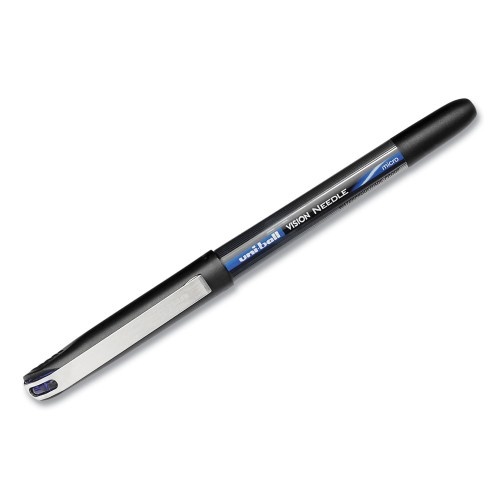 Uni-Ball Vision Roller Ball Pen, Stick, Micro 0.5 Mm, Blue Ink, Black/Blue Barrel, 12/Pack