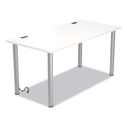 Union & Scale Essentials Writing Table-Desk With Integrated Power Management, 59.7" X 29.3" X 28.8", White/Aluminum