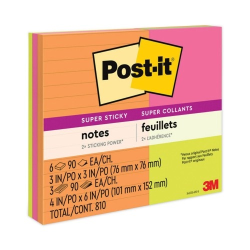 Post-It Pads In Energy Boost Collection Colors, Unruled 3" X 3" Pads, Note Ruled 4" X 6" Pads, 90 Sheets/Pad, 9 Pads/Set