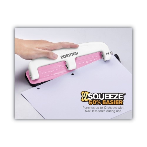 Bostitch Ez Squeeze Incourage Three-Hole Punch, 12-Sheet Capacity, Pink