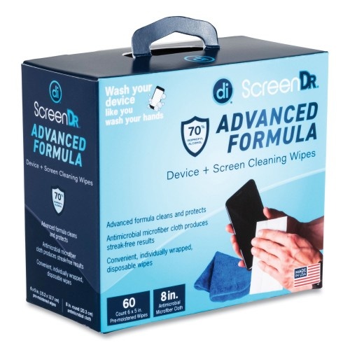 Digital Innovations Screendr Device And Screen Cleaning Wipes, Includes 60 Individually Wrapped Wipes And 8" Microfiber Cloth, 6 X 5, White