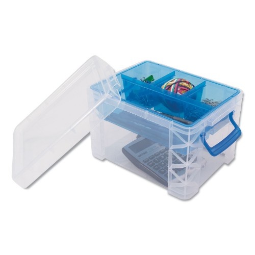 Advantus Super Stacker Divided Storage Box, Clear W/Blue Tray/Handles, 7 1/2 X 10.12X6.5