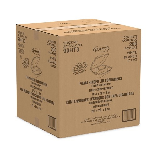 Dart Insulated Foam Hinged Lid Containers, 3-Compartment, 9 X 9.4 X 3, White, 200/Pack, 2 Packs/Carton