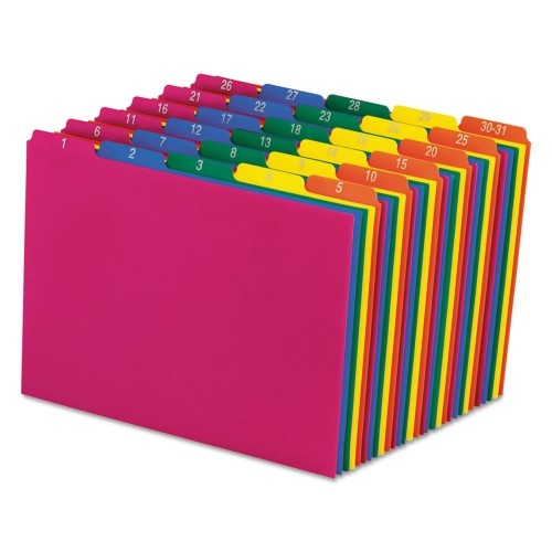 Pendaflex Poly Top Tab File Guides, 1/5-Cut Top Tab, 1 To 30-31, 8.5 X 11, Assorted Colors, 31/Set