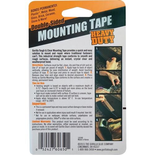 Gorilla® Tough and Clear Double-Sided Mounting Tape, Holds Up to