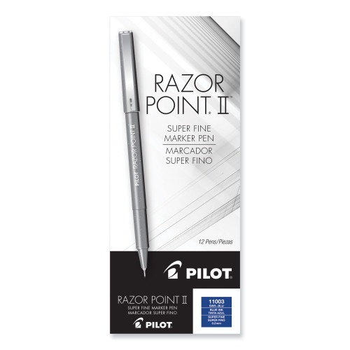 Pilot Razor Point Ii Super Fine Line Porous Point Pen, Stick, Extra-Fine 0.2 Mm, Blue Ink, Blue Barrel, Dozen