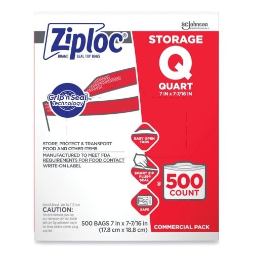 Ziploc Double Zipper Storage Bags, 1 Qt, 1.75 Mil, 7" X 7.75", Clear, 500/Box