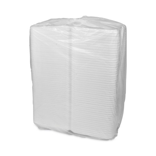 Pactiv Vented Foam Hinged Lid Container, Dual Tab Lock Economy, 9.13 X 9 X 3.25, White, 150/Carton