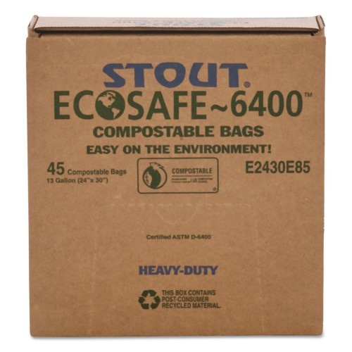 Stout By Envision Ecosafe-6400 Bags, 13 Gal, 0.85 Mil, 24" X 30", Green, 45/Box