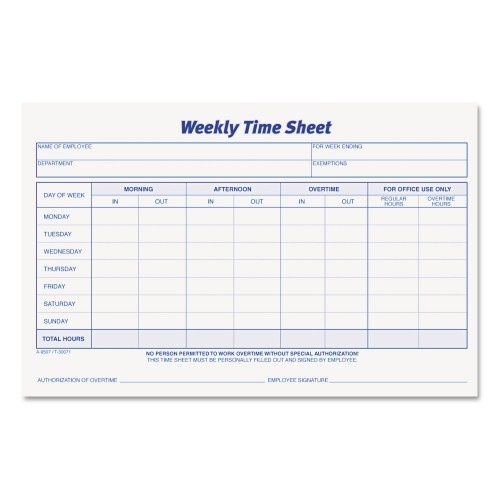 Tops Weekly Time Sheets, One-Part (No Copies), 8.5 X 5.5, 50 Forms/Pad, 2 Pads/Pack