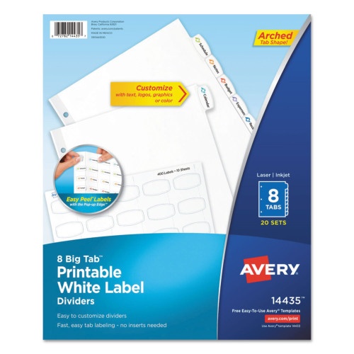 Avery Big Tab Printable White Label Tab Dividers, 8-Tab, 11 X 8.5, White, 20 Sets