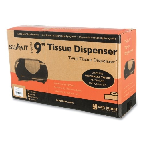 San Jamar Twin Jumbo Bath Tissue Dispenser,20 1/14X5 7/8X11 9/10, Blk/Faux Stainless Steel