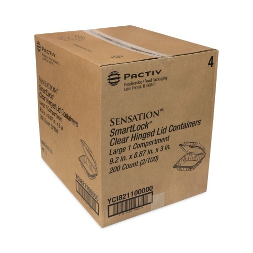 Pactiv Sensation Smartlock Hinged Lid Container, 9.21 X 8.87 X 3.07, Clear, Plastic, 200/Carton