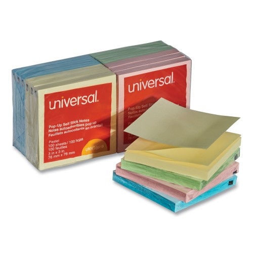 Universal Fan-Folded Self-Stick Pop-Up Note Pads, 3" X 3", Assorted Pastel Colors, 100 Sheets/Pad, 12 Pads/Pack