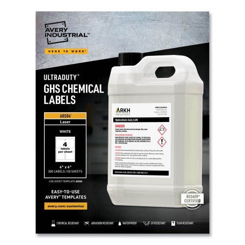Avery Ultraduty Ghs Chemical Waterproof And Uv Resistant Labels, 4 X 4, White, 4/Sheet, 50 Sheets/Box (60504)
