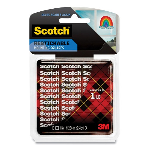Scotch Restickable Mounting Tabs, Removable, Repositionable, Holds Up To 1 Lb (4 Tabs), 1 X 1, Clear, 18/Pack
