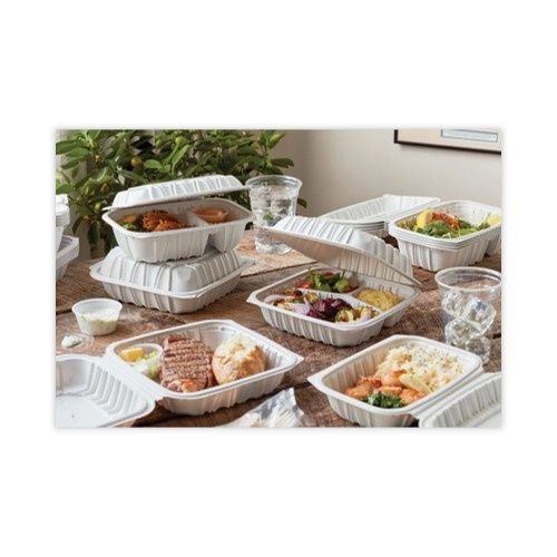 Pactiv Earthchoice Vented Microwavable Mfpp Hinged Lid Container, 8.5 X 8.5 X 3.1, White, Plastic, 146/Carton
