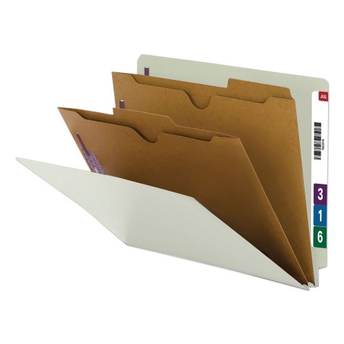 Smead X-Heavy End Tab Pressboard Classification Folders, Six Safeshield Fasteners, 2 Dividers, Letter Size, Gray-Green, 10/Box
