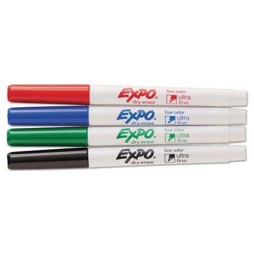 Expo Low-Odor Dry-Erase Marker, Extra-Fine Bullet Tip, Assorted Colors, 4/Pack