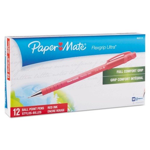 Paper Mate Flexgrip Ultra Ballpoint Pen, Stick, Medium 1 Mm, Red Ink, Red Barrel, Dozen