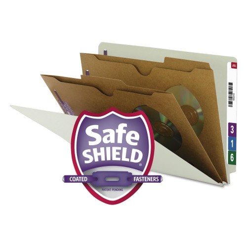 Smead X-Heavy End Tab Pressboard Classification Folders, Six Safeshield Fasteners, 2 Dividers, Legal Size, Gray-Green, 10/Box