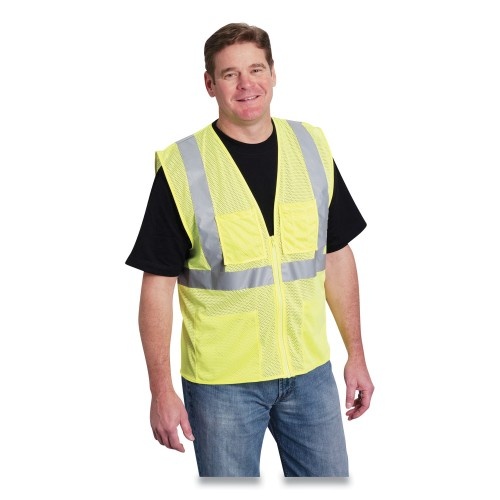 Pip Ansi Class 2 Four Pocket Zipper Safety Vest, Polyester Mesh, Large, Hi-Viz Lime Yellow