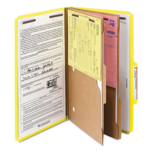 Smead 6-Section Pressboard Top Tab Pocket Classification Folders, 6 Safeshield Fasteners, 2 Dividers, Legal Size, Yellow, 10/Box