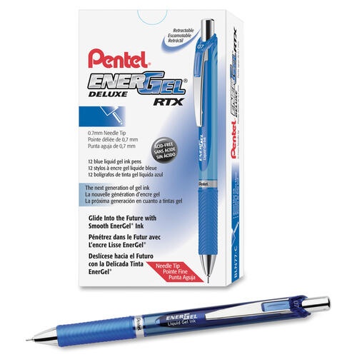 Pentel Energel Rtx Gel Pen, Retractable, Medium 0.7 Mm Needle Tip, Blue Ink, Blue/Gray Barrel