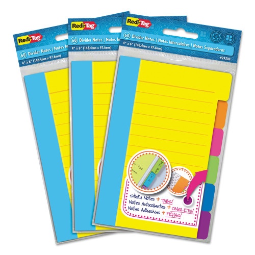 Redi-Tag Divider Sticky Notes, 6-Tab Sets, Note Ruled, 4" X 6", Assorted Colors, 60 Sheets/Set, 3 Sets/Box
