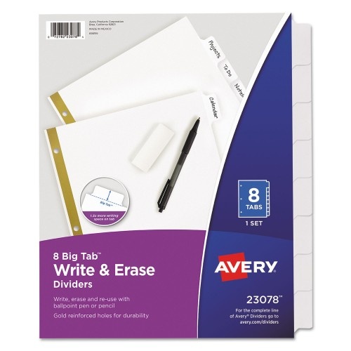 Avery Write And Erase Big Tab Paper Dividers, 8-Tab, 11 X 8.5, White, White Tabs, 1 Set