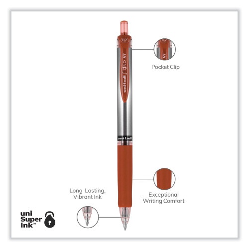 Uni-Ball Signo Gel Pen, Retractable, Medium 0.7 Mm, Red Ink, Red/Metallic Accents Barrel, Dozen
