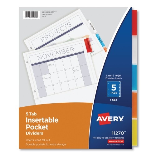 Avery Insertable Dividers W/Single Pockets, 5-Tab, 11.25 X 9.13, White, 1 Set