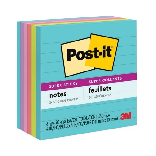 Post-It Pads in Supernova Neon Collection Colors, Note Ruled, 4" x 4", 90 Sheets/Pad, 6 Pads/Pack