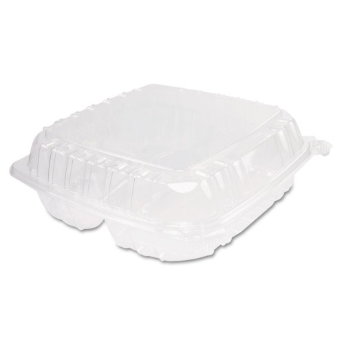 Dart ClearSeal Hinged-Lid Plastic Containers, 3-Compartment, 9.4 X 8.9 X 3