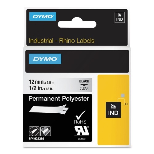 Dymo Rhino Permanent Vinyl Industrial Label Tape - 0.5" x 18 Ft, Clear/Black Print