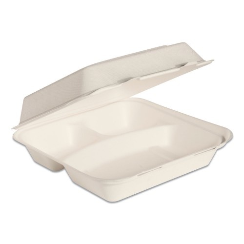 Solo Bare Eco-Forward Bagasse Hinged Lid Containers, 3-Compartment, 9.6 x 9.4 x 3.2, Ivory, Sugarcane