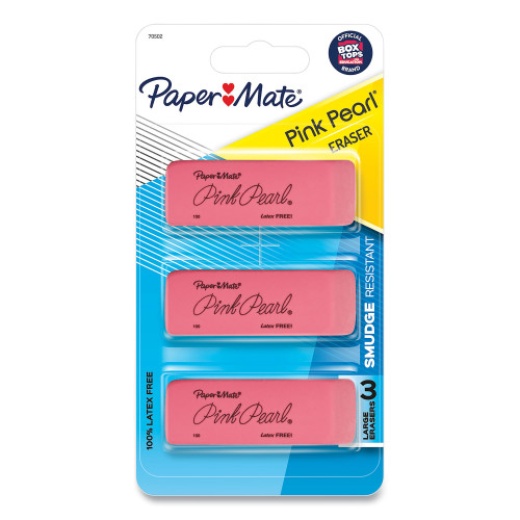 Paper Mate Pink Pearl Eraser, For Pencil Marks, Rectangular Block, Medium, Pink, 3/Pack