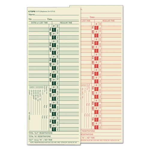 TOPS Time Clock Cards, Replacement for CH-107-2, Two Sides, 3.5 x 9, 500/Box