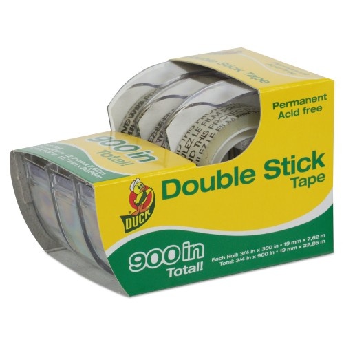 Duck Permanent Double-Stick Tape with Dispenser, 1" Core, 0.5" x 25 Ft, Clear, 3/Pack